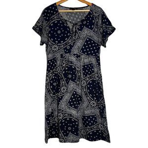 Suzanne Betro Navy Paisley Patchwork Empire-Waist Dress With Pockets Size Large